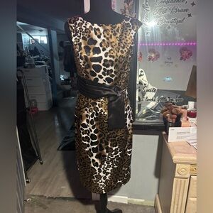 Night Way Collections Leopard-Print Satin Midi Dress with Black Sash